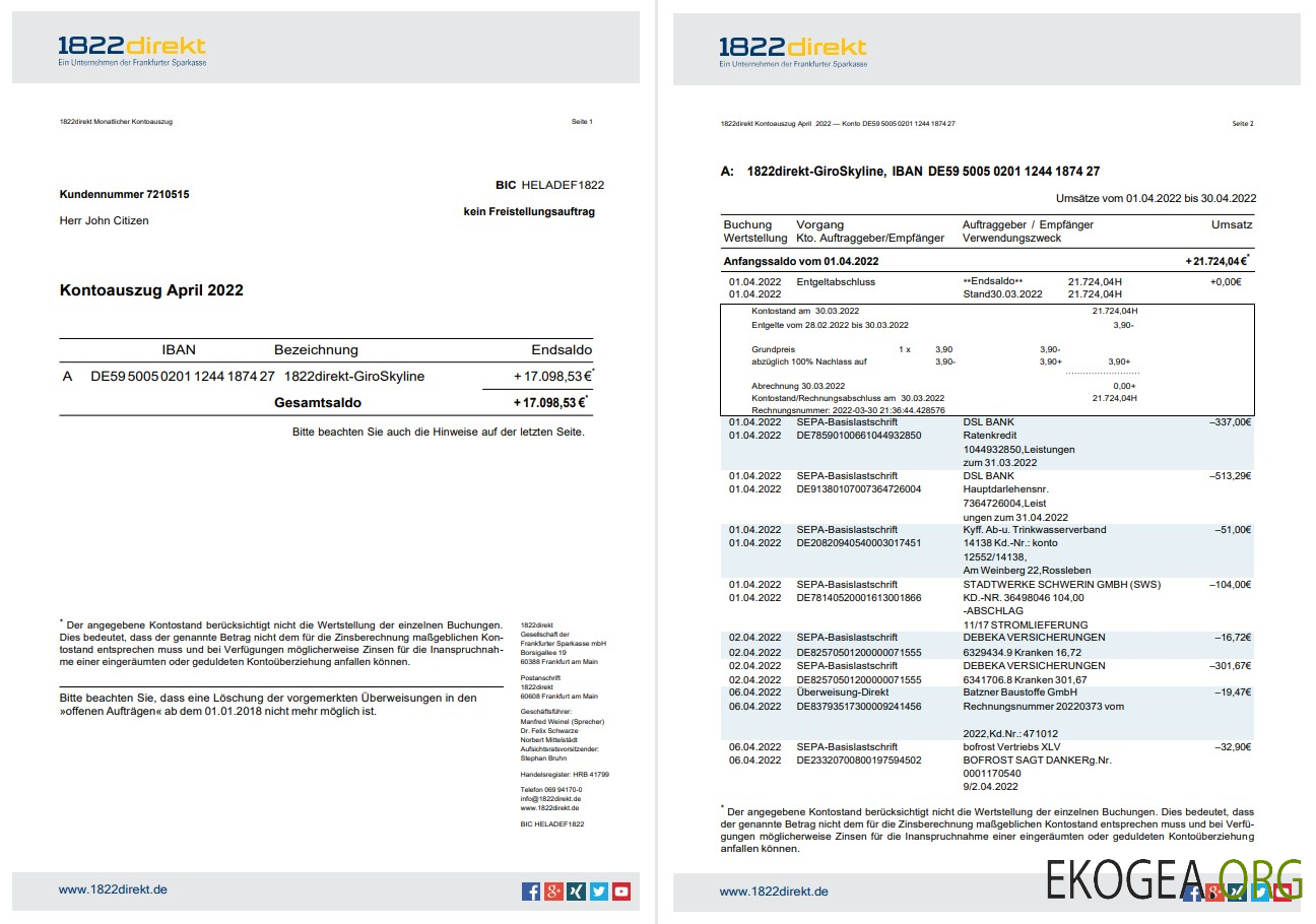 Relevé bancaire Allemagne 1822direkt sur Dautsch, 6 pages